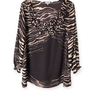 Nicola Womens Large Tunic Top Animal Print Scoop Neck Ruffle Detail Brown Cream